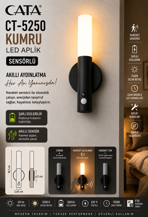 CT-5250 KUMRU ŞARJLI LED DUVAR APLİK GÜNIŞIĞI SİYAH