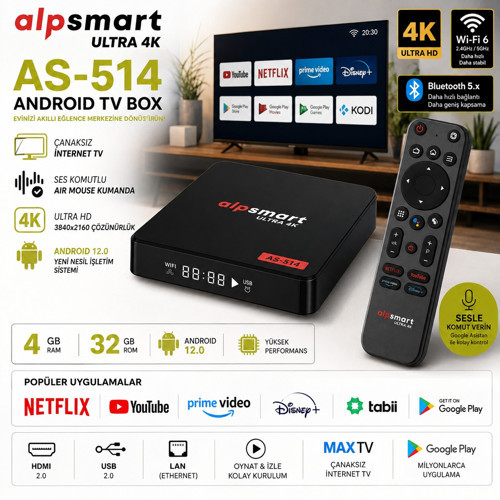 ATS-514 Android TV Box 4GB RAM 32GB ROM Ultra 4K Sesli Komutlu Air Mouse Kumanda Tv Box