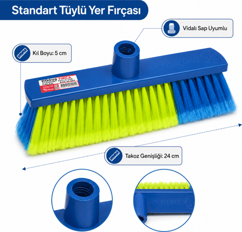 Doğuş Fırça Standart Tüylü Yer Fırçası 24 cm Vidalı Sap Uyumlu – 20002
