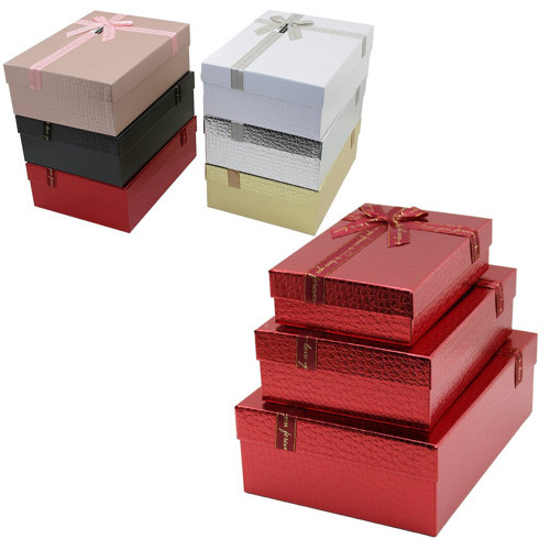 3PCS D.DÖRTGEN PARLAK MİX RENKLİ - KABARTMA DESEN KARTON HEDİYE KUTUSU KURDELALI 33X24.5-28.5X20.5-24X16.5CM (4604)