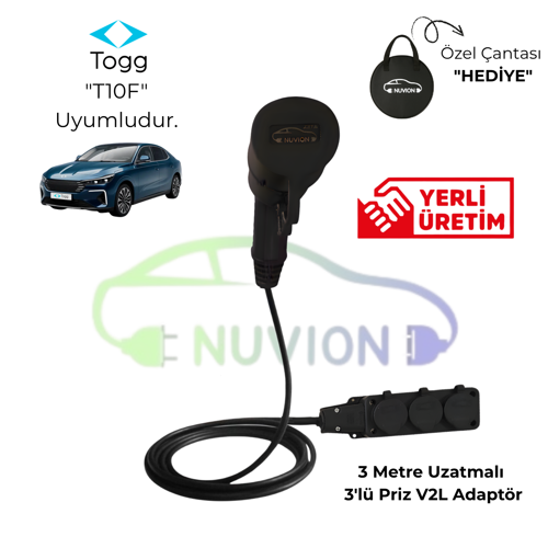 Nuvion V2L- Togg T10F Marka İle Uyumlu 3'Lü V2L Elektrikli Araç Şarj Kablosu - Enerjini Elektrikli Aracından Al