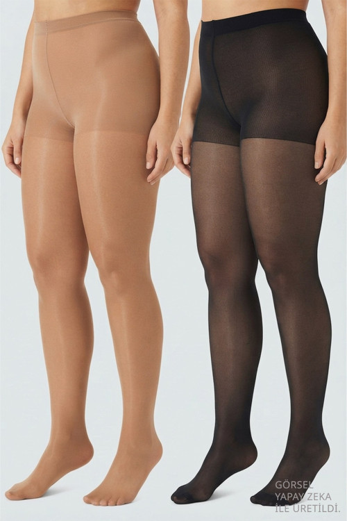 İnce 15 Denye Siyah-Nude 2'li Büyük Beden Külotlu Çorap
