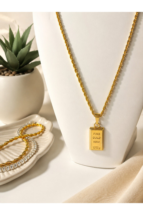 Gold Külçe Kolye Burgu Zincir Kadın Kolye