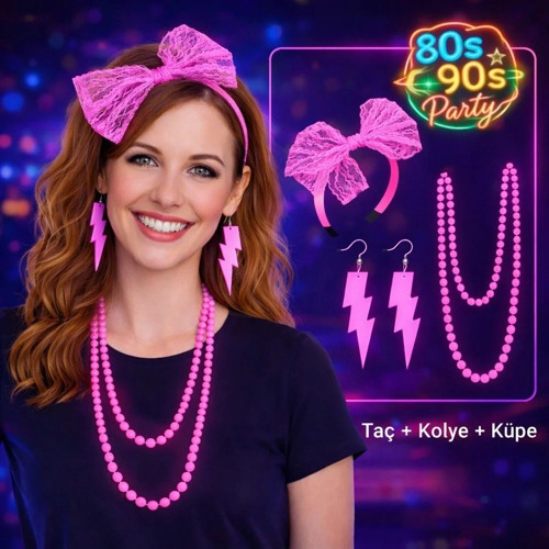 80’ler 90’lar Neon Pembe Parti Seti – Kolye Küpe Taç