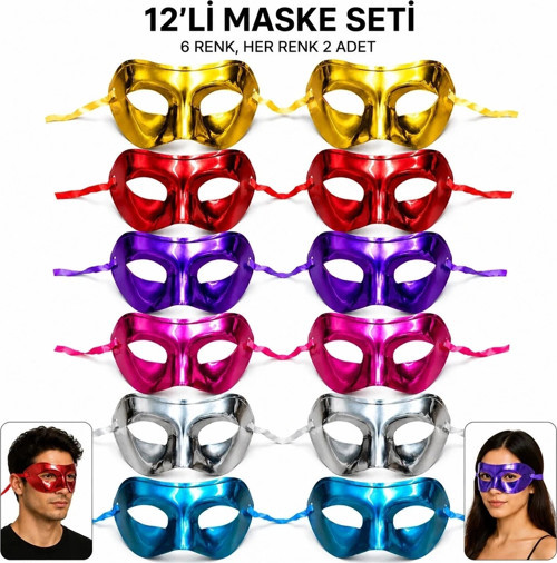 12'li Metalik Venedik Toptan Parti Maskesi Seti – 6 Renk Karışık