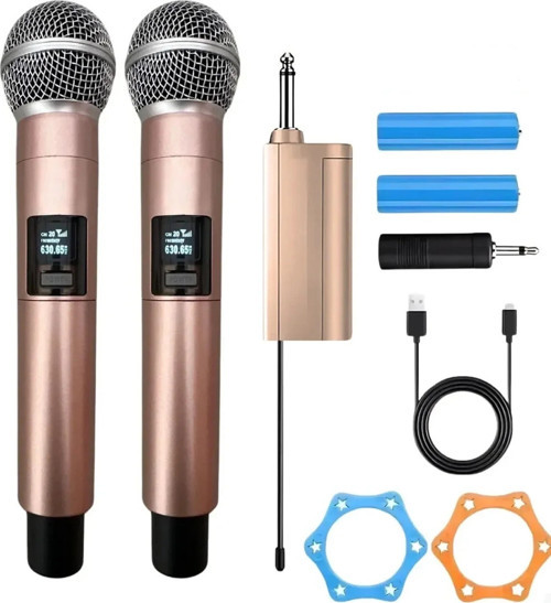Profesyonel Çiftli Kablosuz Mikrofon Seti Karaoke Şarj Edilebilir 50 Metre Mesafe Rose