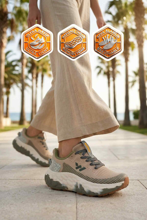 Bej Fileli Hafif Esnek Hafızalı Taban Unisex Spor Ayakkabı Flystep G