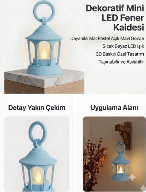 Dekoratif Fener Mini Kaide – Led Mumlu Modern Masaüstü Aydınlatma - Otantik Ortam Aydınlatması - Açık Mavi