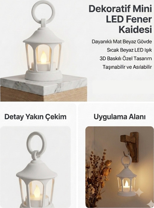 Dekoratif Fener Mini Kaide – Led Mumlu Modern Masaüstü Aydınlatma - Otantik Ortam Aydınlatması - Beyaz
