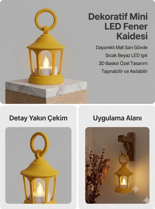 Dekoratif Fener Mini Kaide – Led Mumlu Modern Masaüstü Aydınlatma - Otantik Ortam Aydınlatması - Gold Altın