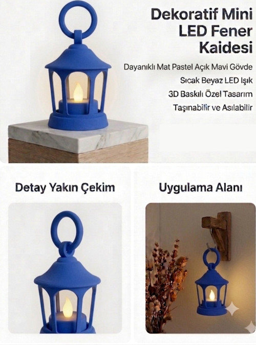 Dekoratif Fener Mini Kaide – Led Mumlu Modern Masaüstü Aydınlatma - Otantik Ortam Aydınlatması - Mavi