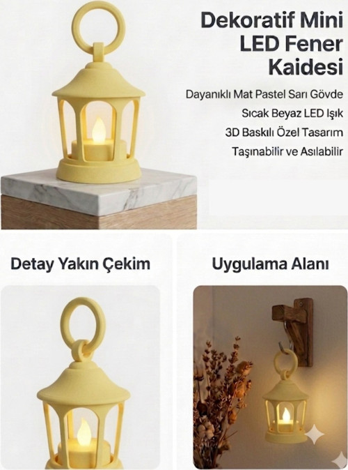 Dekoratif Fener Mini Kaide – Led Mumlu Modern Masaüstü Aydınlatma - Otantik Ortam Aydınlatması - Sarı