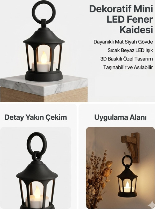 Dekoratif Fener Mini Kaide – Led Mumlu Modern Masaüstü Aydınlatma - Otantik Ortam Aydınlatması - Siyah