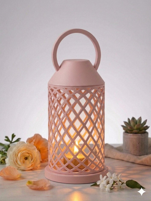 Minimalist Modern Tasarım Dekoratif Mumluk - Ev Dekorasyonu İçin Şık Kafes Fener - Masaüstü Mumluk - Pembe