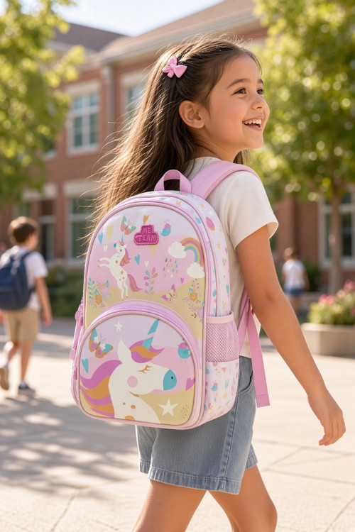 Kız Çocuk İlkokul Sırt Çantası Pegasus Unicorn Baskılı 3 Bölmeli 16L Matara Cepli 39x29x16cm
