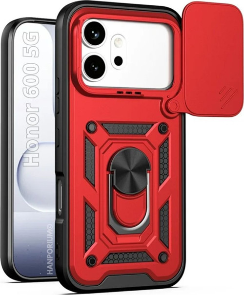 Honor 600 Uyumlu Tank Kılıf - Yüzüklü Standlı Extra Darbe Koruma Zırhlı Outdoor Kapak - Kırmızı