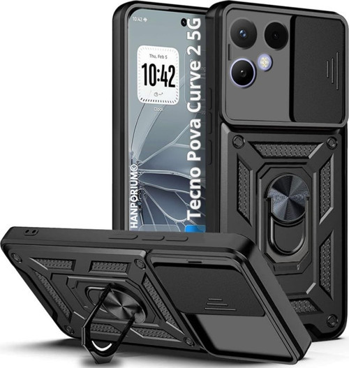 Tecno Pova Curve 2 5G Uyumlu Tank Kılıf - Yüzüklü Standlı Extra Darbe Koruma Zırhlı Outdoor Kapak - Siyah