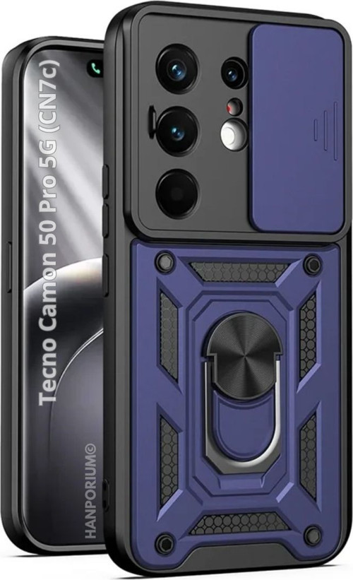 Tecno Camon 50 Pro 5G Uyumlu Tank Kılıf - Yüzüklü Standlı Extra Darbe Koruma Zırhlı Outdoor Kapak - Lacivert