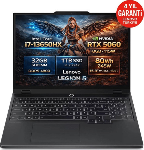 Legion 5 15IRX10 Intel Core I7-13650HX Rtx 5060 (8gb) 64GB Ddr5 Ram 2tb SSD 15.3" Wuxga (1920X1200) IPS 165Hz 115W Windo