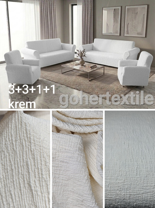 Lüks Jakarlı 3+3+1+1 Koltuk Örtüsü Seti - Ağaç Kabuğu Desenli Likralı Esnek Koltuk Kılıfı