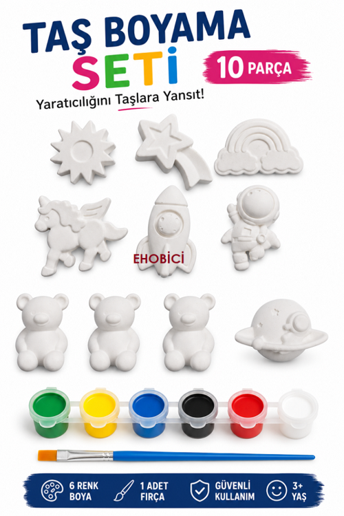 Taş Boyama Seti 10 Parça Figür 6 Renk Akrilik Boya 5ml + Fırça