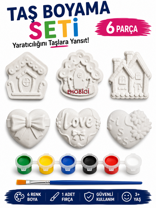 Taş Boyama Seti Evler ve Kalpler 6 Renk Akrilik Boya 5ml + Fırça