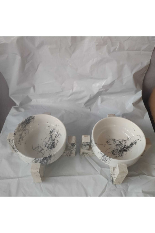 Mermer Desenli Porselen Mama ve Su Kabı, 2'li Set, Şık ve Dayanıklı Tasarım