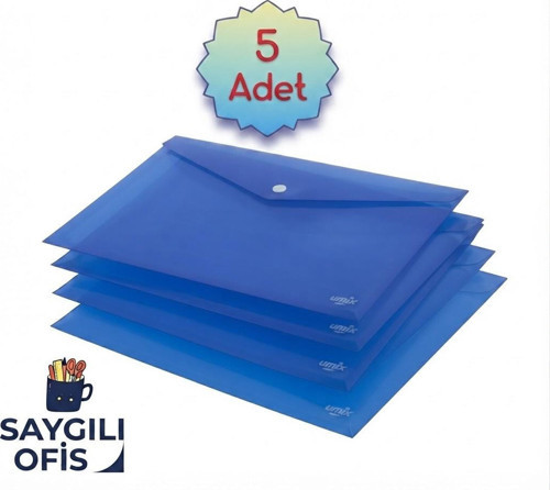 Saygılıofis Mavi A4 Çıtçıtlı Dosya Şeffaf Renkli Zarf Dosya 5 Adet 20x30 Cm Çıt Çıtlı Dosya