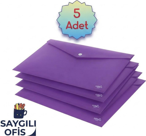Saygılıofis Mor A4 Çıtçıtlı Dosya Şeffaf Renkli Zarf Dosya 5 Adet 20x30 Cm Çıt Çıtlı Dosya