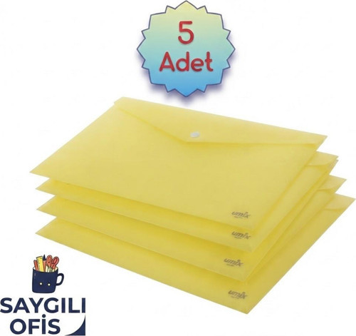 Saygılıofis Sarı A4 Çıtçıtlı Dosya Şeffaf Renkli Zarf Dosya 5 Adet 20x30 Cm Çıt Çıtlı Dosya