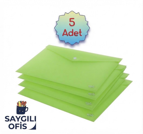 Saygılıofis Yeşil A4 Çıtçıtlı Dosya Şeffaf Renkli Zarf Dosya 5 Adet 20x30 Cm Çıt Çıtlı Dosya