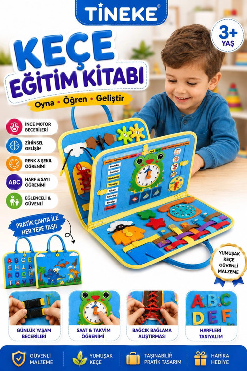 3+ Yaş Keçe Eğitim Kitabı Montessori Eğitici Aktivite Oyuncağı Beceri ve Zeka Geliştirici Çoc