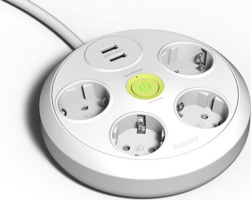 Yuvarlak Dörtlü Topraklı Anahtarlı Grup Priz 2xUSB-A 16A 250V 3 Metre Kablolu Beyaz 2644/3