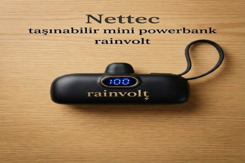 Rainvolt Mini Kapsül Powerbank – LED Dijital Göstergeli & Dahili Kablolu Taşınabilir Şarj Cihazı