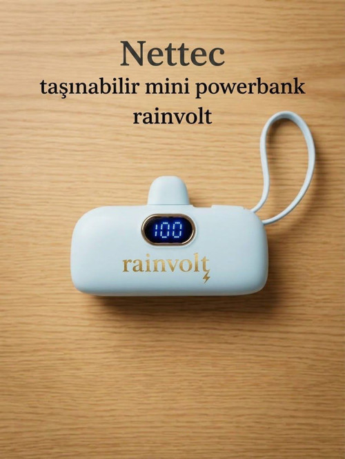 Rainvolt Mini Kapsül Powerbank – LED Dijital Göstergeli & Dahili Kablolu Taşınabilir Şarj Cihazı