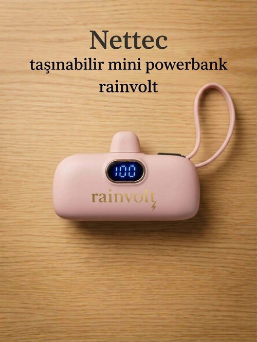 Rainvolt Mini Kapsül Powerbank – LED Dijital Göstergeli & Dahili Kablolu Taşınabilir Şarj Cihazı