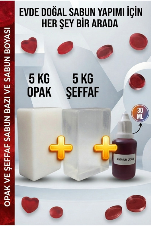 5 KG Opak + 5 KG Şeffaf Sabun Bazı ve Kırmızı Sabun Boyası Seti – Hobi ve El Yapımı Sabun Seti
