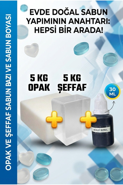 5 KG Opak + 5 KG Şeffaf Sabun Bazı ve Mavi Sabun Boyası Seti – Hobi ve El Yapımı Sabun Seti