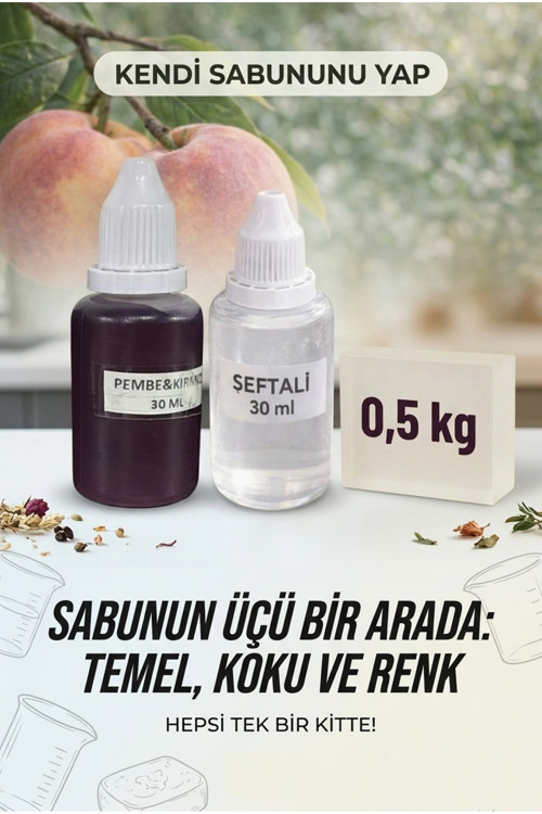 Şeftali Kokulu Esans 30 ml | Pembe-Kırmızı Renk Sabun Boyası 30 ml | Şeffaf Sabun Bazı 500 gr