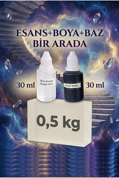 Dream Muske Esanslı Mavi Boyalı Şeffaf Sabun Bazı Seti 30ml Esans 30ml Boya 500gr Baz