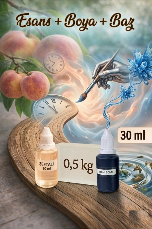 Şeftali Kokulu Esans 30 ml | Mavi Renk Sabun Boyası 30 ml | Şeffaf Sabun Bazı 500 gr