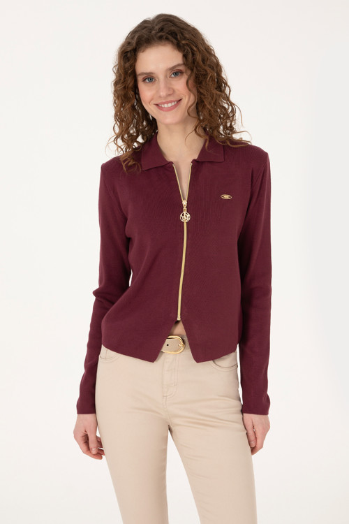 Kadın Bordo Fermuarlı Polo Yaka Triko Hırka50317375-VR177