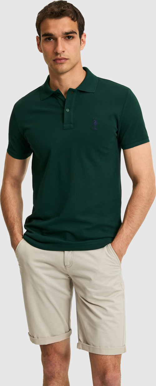 Erkek Slim Fit Polo Yaka Koyu Yeşil Basic Tişört50322304-VR079