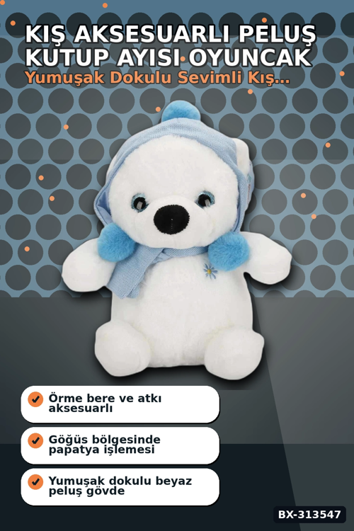 Kış Aksesuarlı 30 Cm Yumuşak Peluş Kutup Ayısı Oyuncak, Çocuk Odası Hediyesi Bx-313547