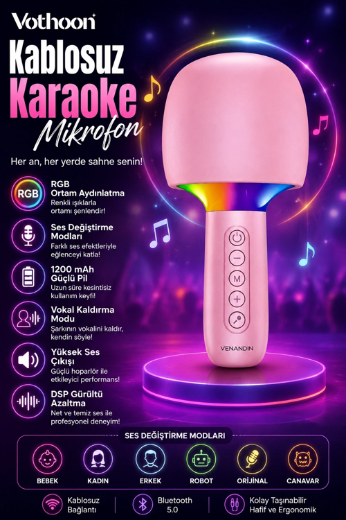 zeyta12 Çocuk Ve Yetişkin Karaoke Mikrofonu Kablosuz Rgb Ambiyans Işığı Ses Değiştirme Modlu