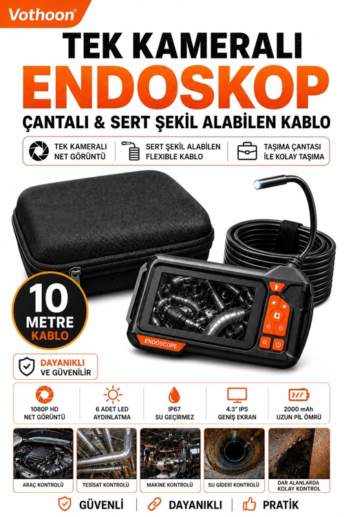 zeyta12 Ekranlı Tek Kameralı 10 Mt Sert Kablo Yılan Endoskop Kamera 8 Mm 4.3 Inc zeytan45