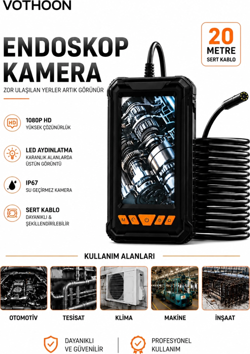 zeyta12 20 Metre Tek Kameralı Endoskop Kamera 1080p Hd Led Aydınlatmalı Sert Kablolu Yeni zeytan4