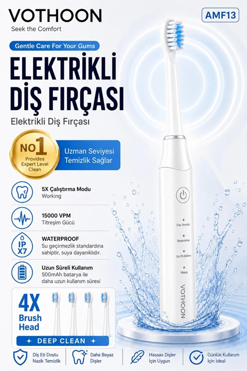 zeyta12 Şarjlı Diş Fırçası 15000 Vpm Titreşim Gücü, 500mah Batarya, 5 Temizlik Modu Beyaz z