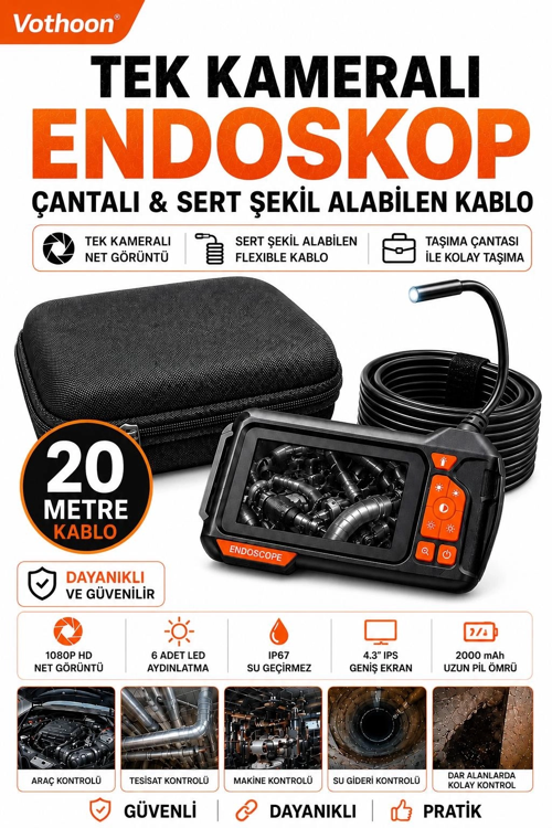 zeyta12 Ekranlı Tek Kameralı 20 Mt Sert Kablo Yılan Endoskop Kamera 8 Mm 4.3 Inc zeytan45
