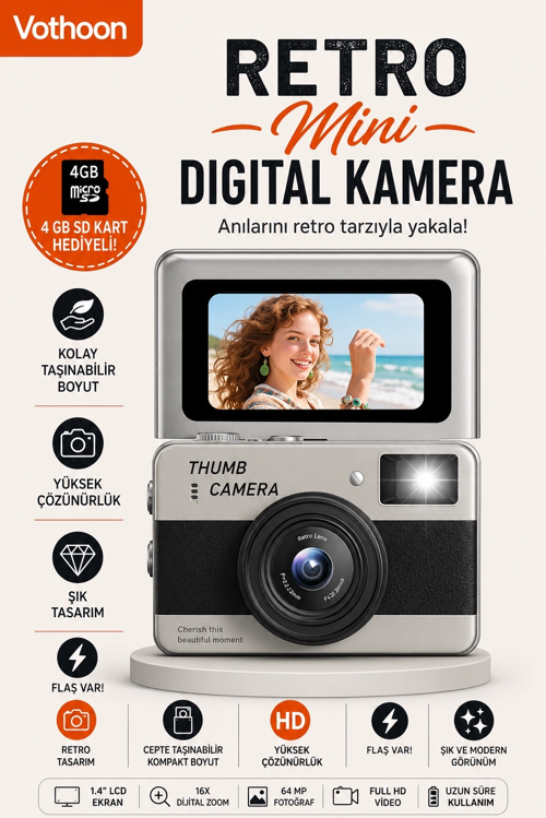 zeyta12 Retro Mini Dijital Kamera 1080p 1.47 İnç Flip Ekranlı Flaşlı Selfie Vlog Kamerası 4gb